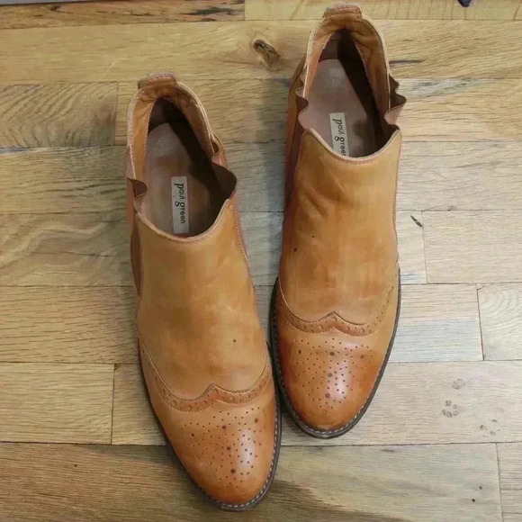 Paul Green Ava Wingtip Size 6.5 Camel Beige Leather Oxford Slip On Chelsea Boots - Picture 4 of 10